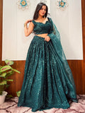 Impressive Teal Green Sequins Georgette Sangeet Wear Lehenga With Blouse