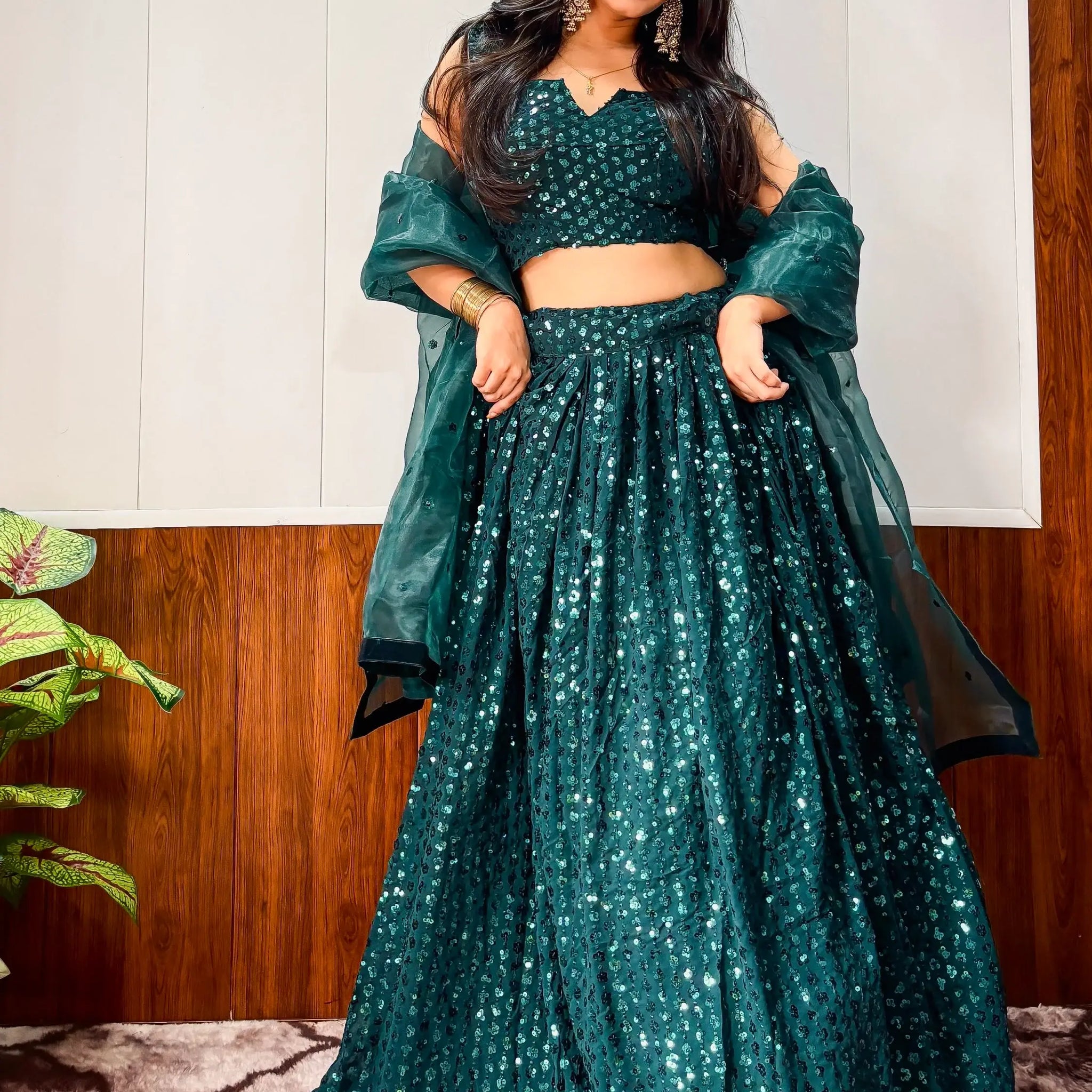 Impressive Teal Green Sequins Georgette Sangeet Wear Lehenga With Blouse
