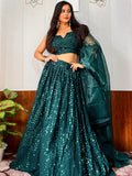 Impressive Teal Green Sequins Georgette Sangeet Wear Lehenga With Blouse