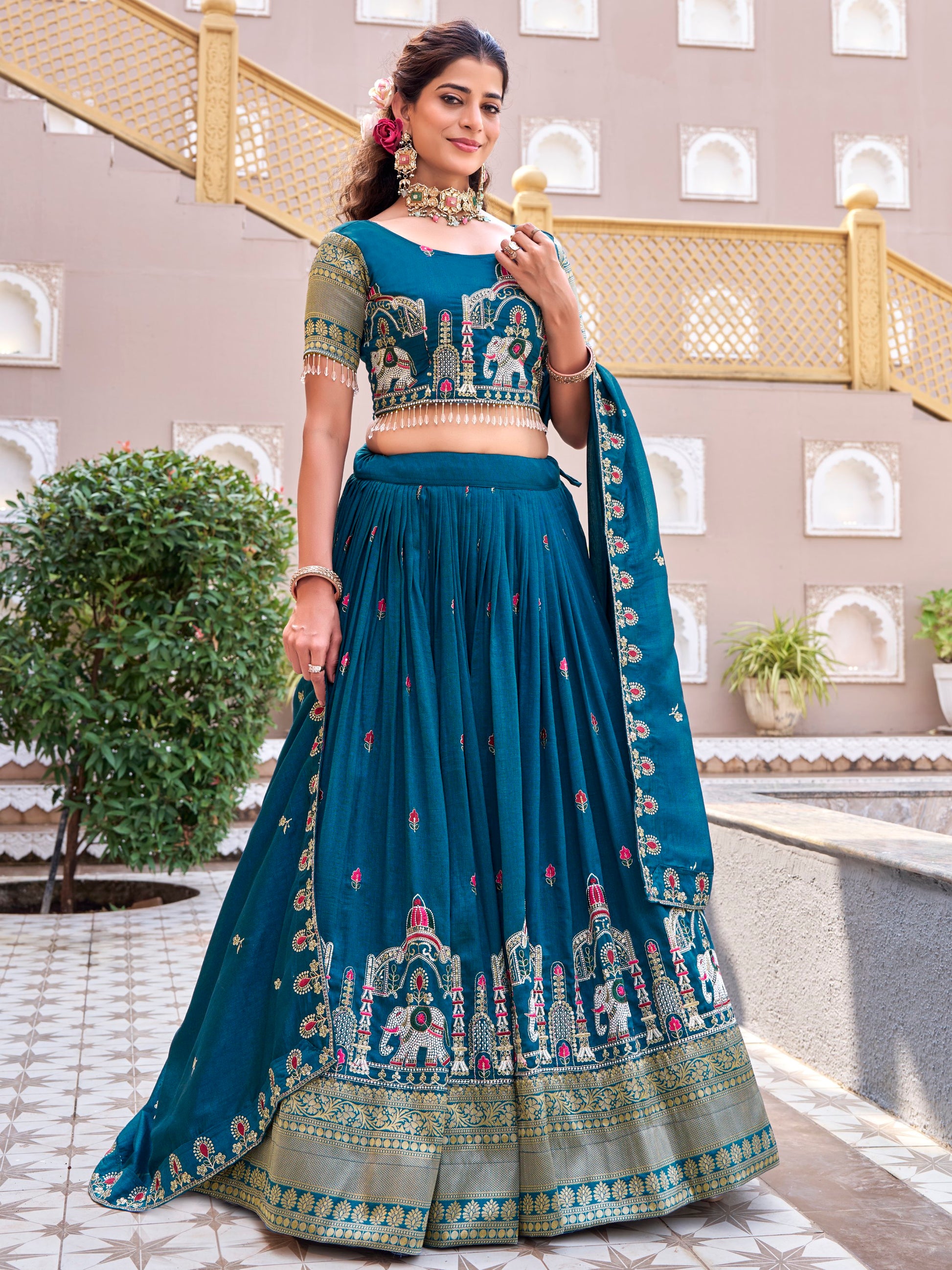 Stylish Teal Blue Thread Embroidered Silk Festive Wear Lehenga Choli