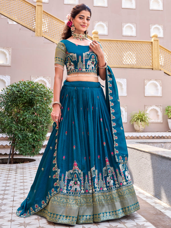 Stylish Teal Blue Thread Embroidered Silk Festive Wear Lehenga Choli