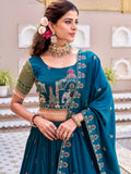 Stylish Teal Blue Thread Embroidered Silk Festive Wear Lehenga Choli