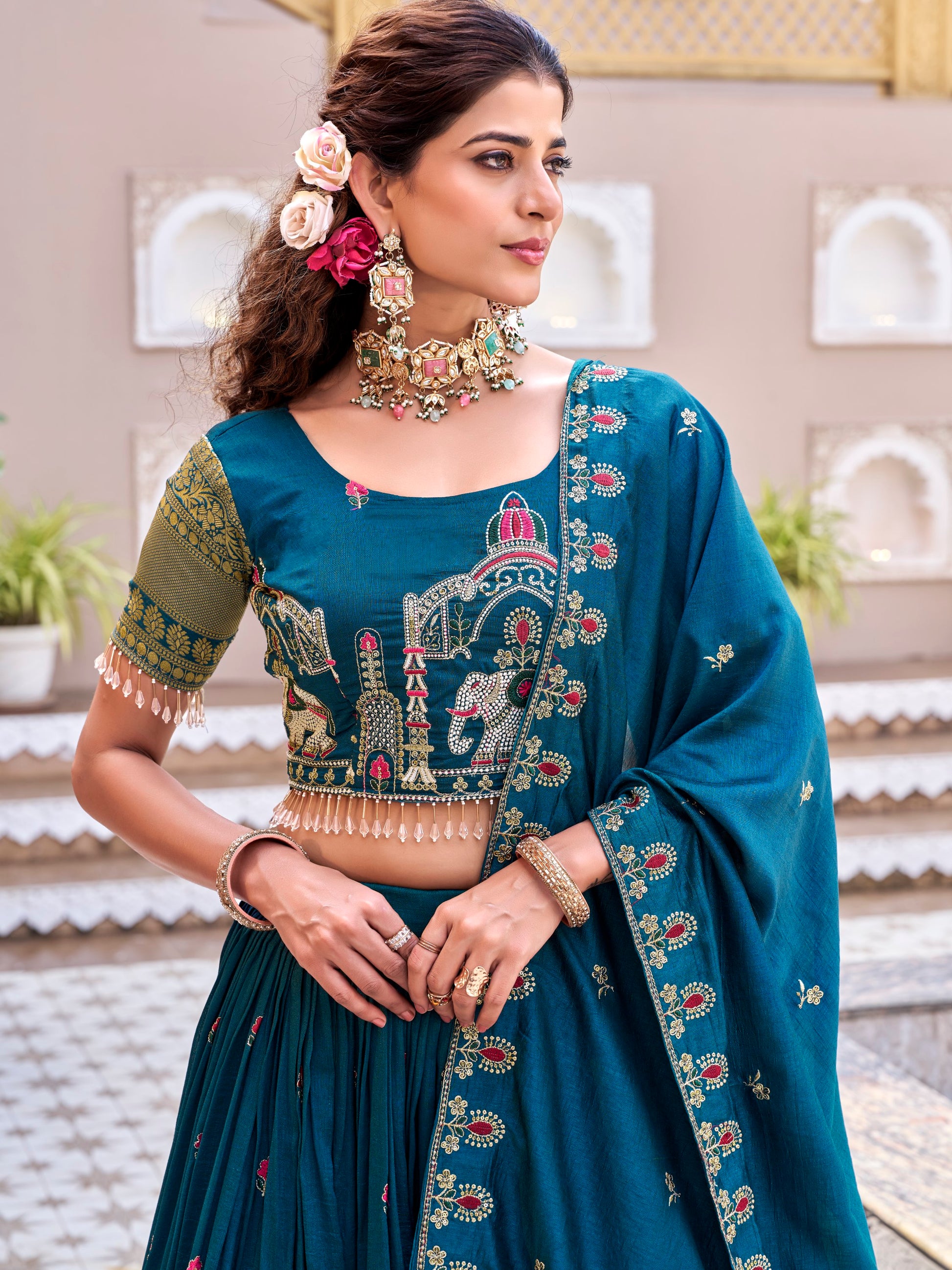 Stylish Teal Blue Thread Embroidered Silk Festive Wear Lehenga Choli