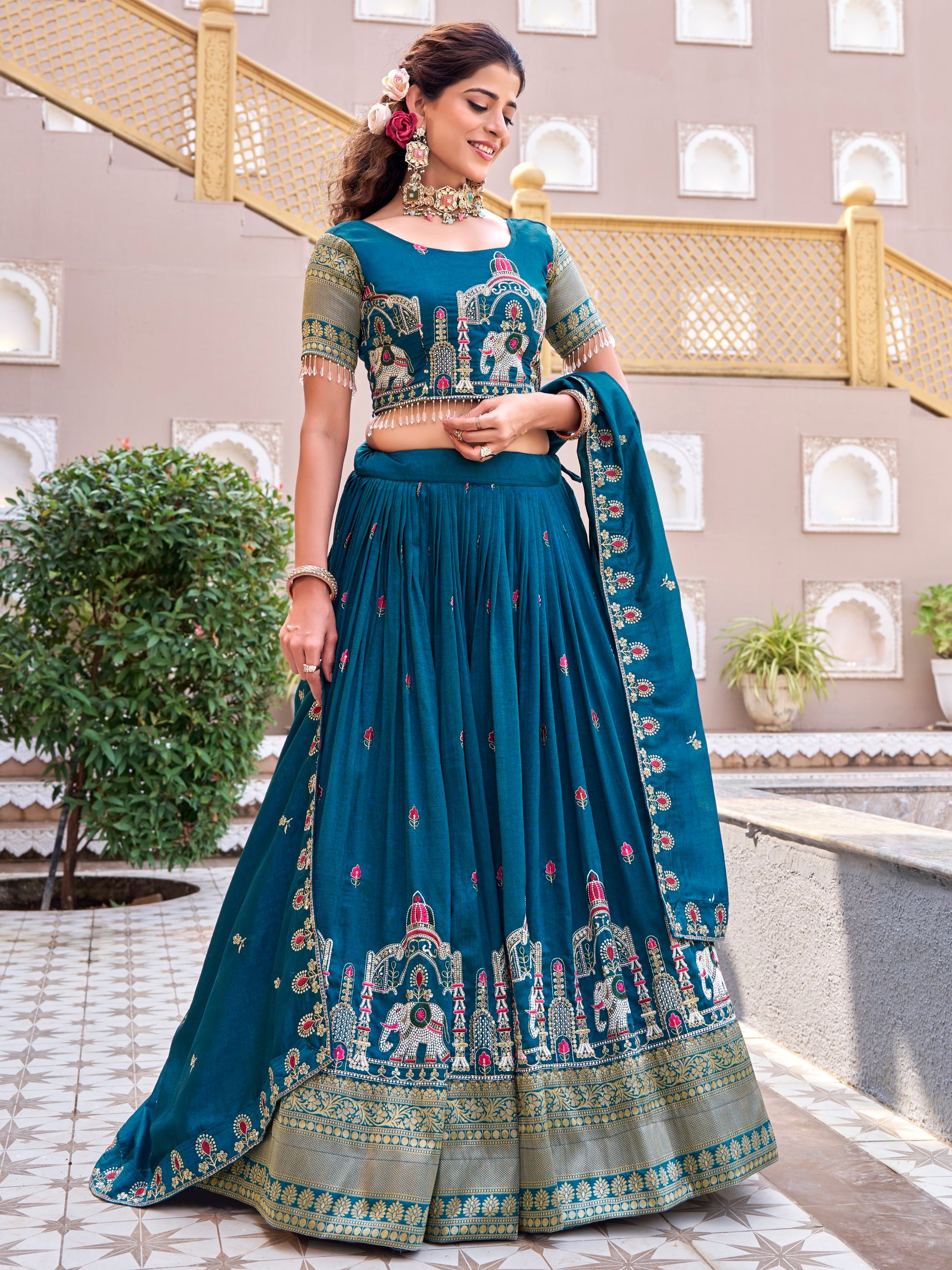 Stylish Teal Blue Thread Embroidered Silk Festive Wear Lehenga Choli
