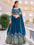 Stylish Teal Blue Thread Embroidered Silk Festive Wear Lehenga Choli