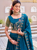Stylish Teal Blue Thread Embroidered Silk Festive Wear Lehenga Choli