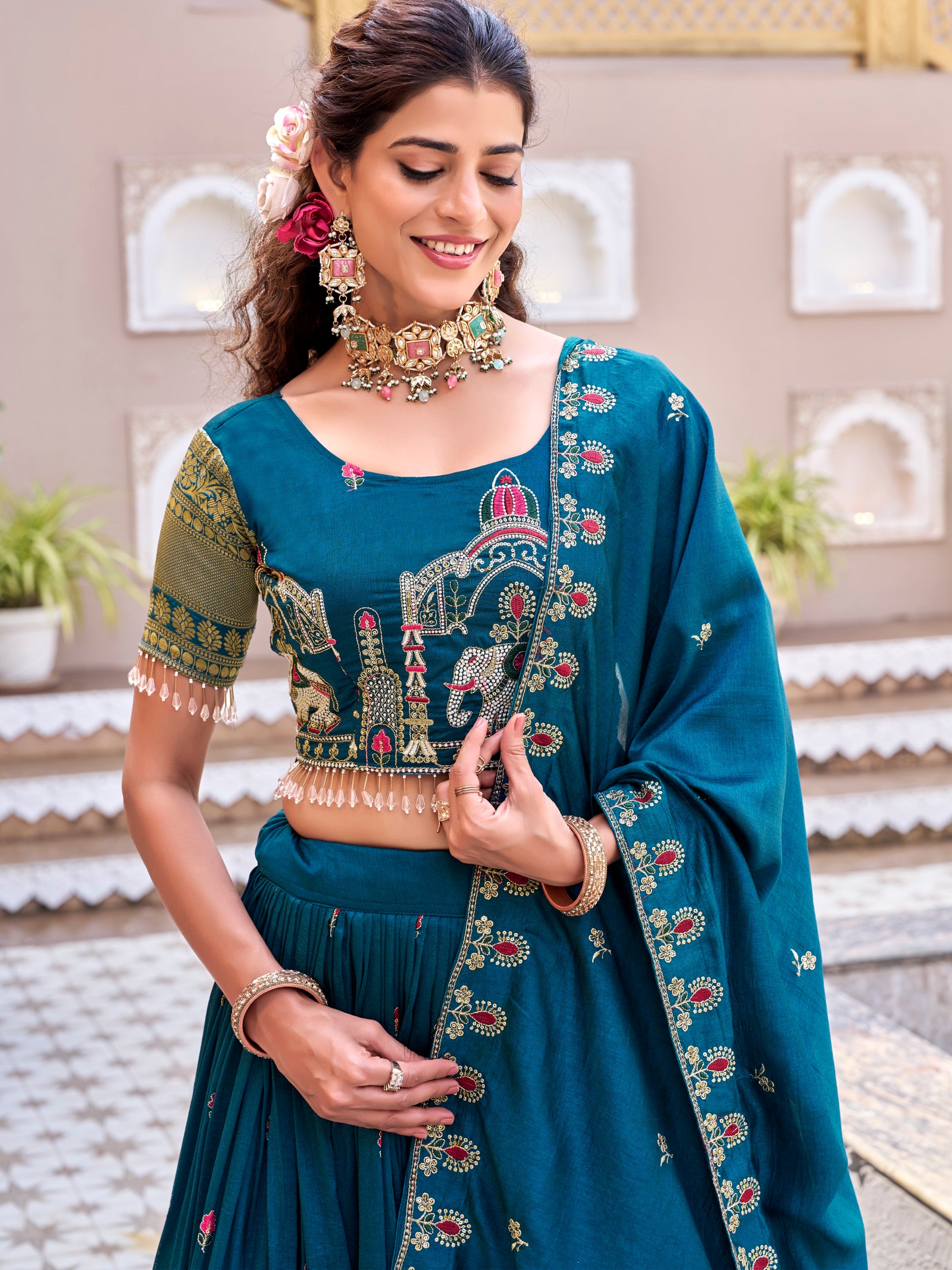 Stylish Teal Blue Thread Embroidered Silk Festive Wear Lehenga Choli