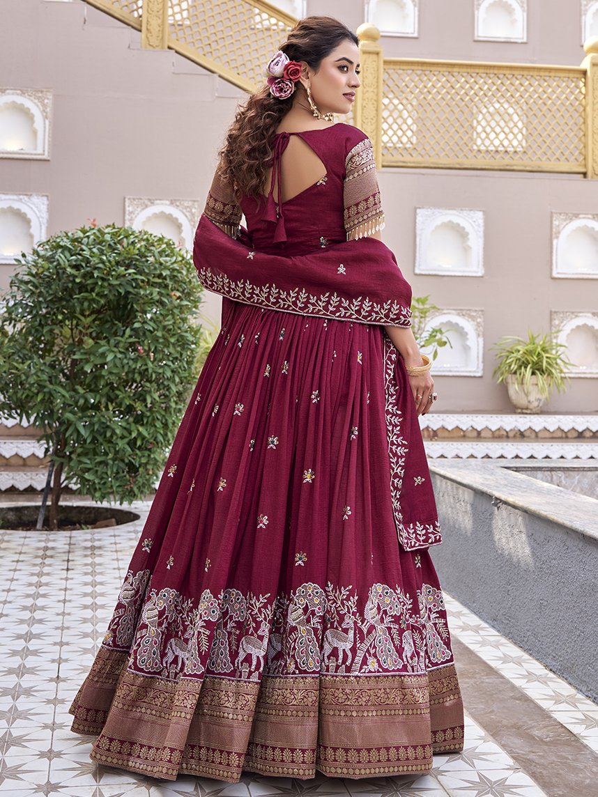 Stunning Maroon Sequins Work Silk Wedding Wear Lehenga Choli With Dupatta