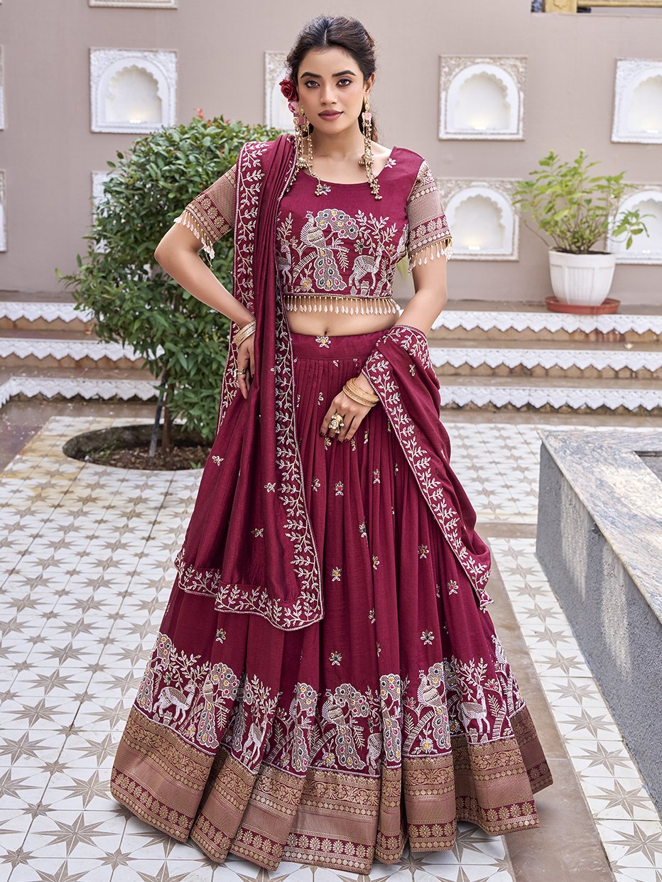 Stunning Maroon Sequins Work Silk Wedding Wear Lehenga Choli With Dupatta