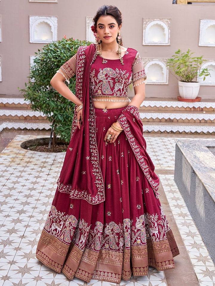 Stunning Maroon Sequins Work Silk Wedding Wear Lehenga Choli With Dupatta