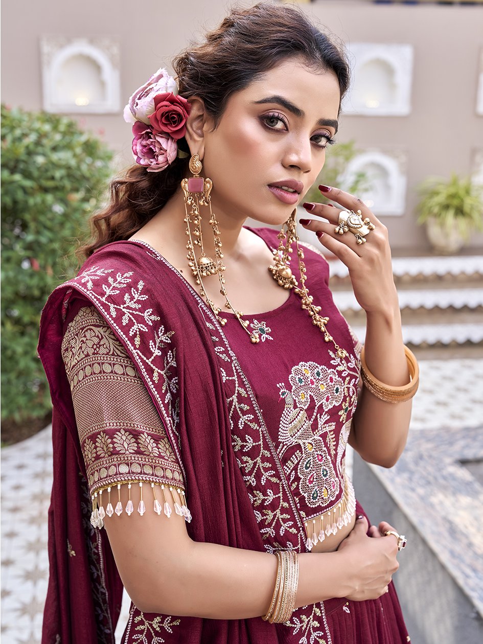 Stunning Maroon Sequins Work Silk Wedding Wear Lehenga Choli With Dupatta