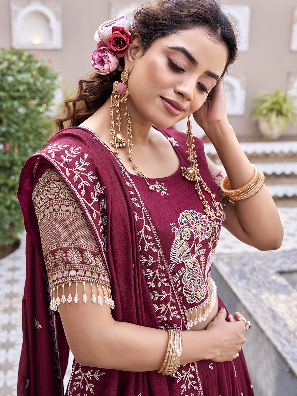 Stunning Maroon Sequins Work Silk Wedding Wear Lehenga Choli With Dupatta