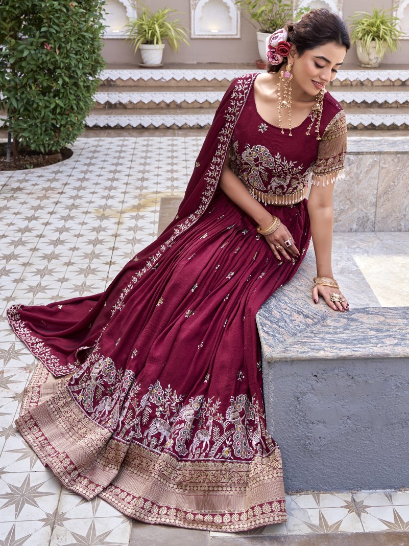 Stunning Maroon Sequins Work Silk Wedding Wear Lehenga Choli With Dupatta