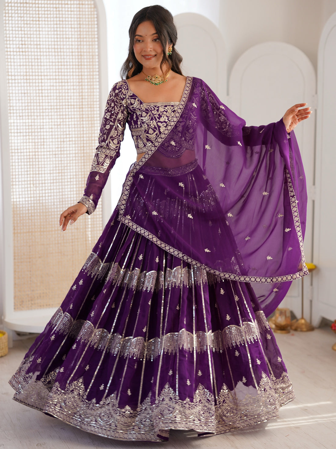 Wonderful Purple Thread Work Georgette Wedding Lehenga Choli