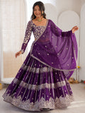 Wonderful Purple Thread Work Georgette Wedding Lehenga Choli