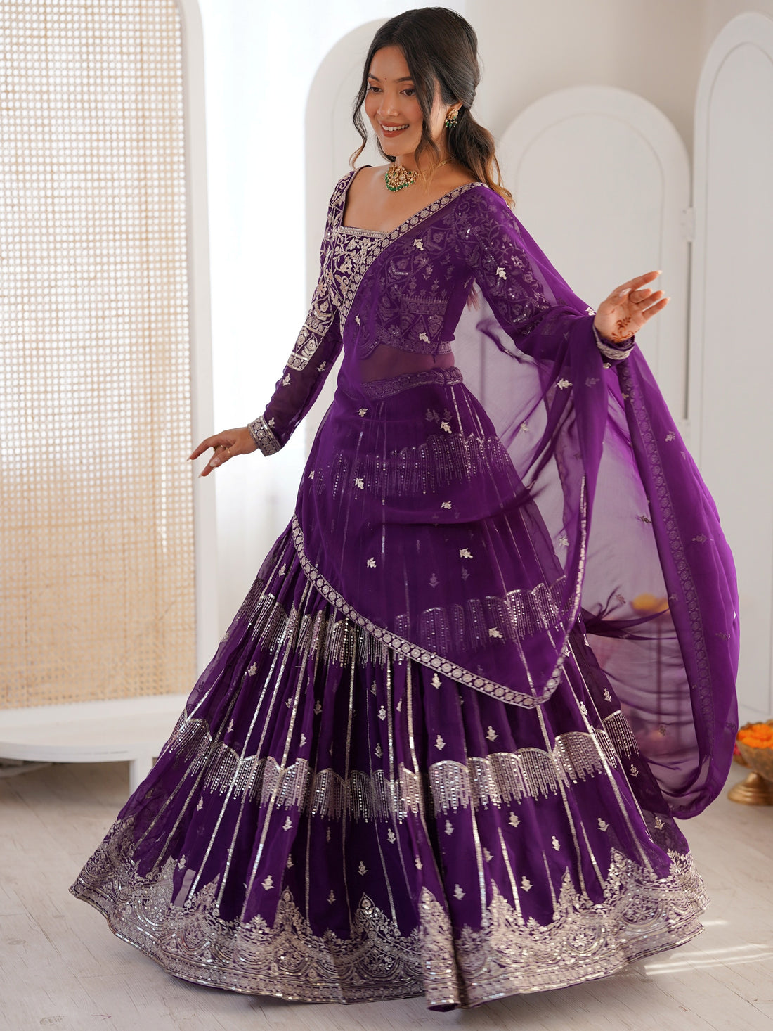 Wonderful Purple Thread Work Georgette Wedding Lehenga Choli