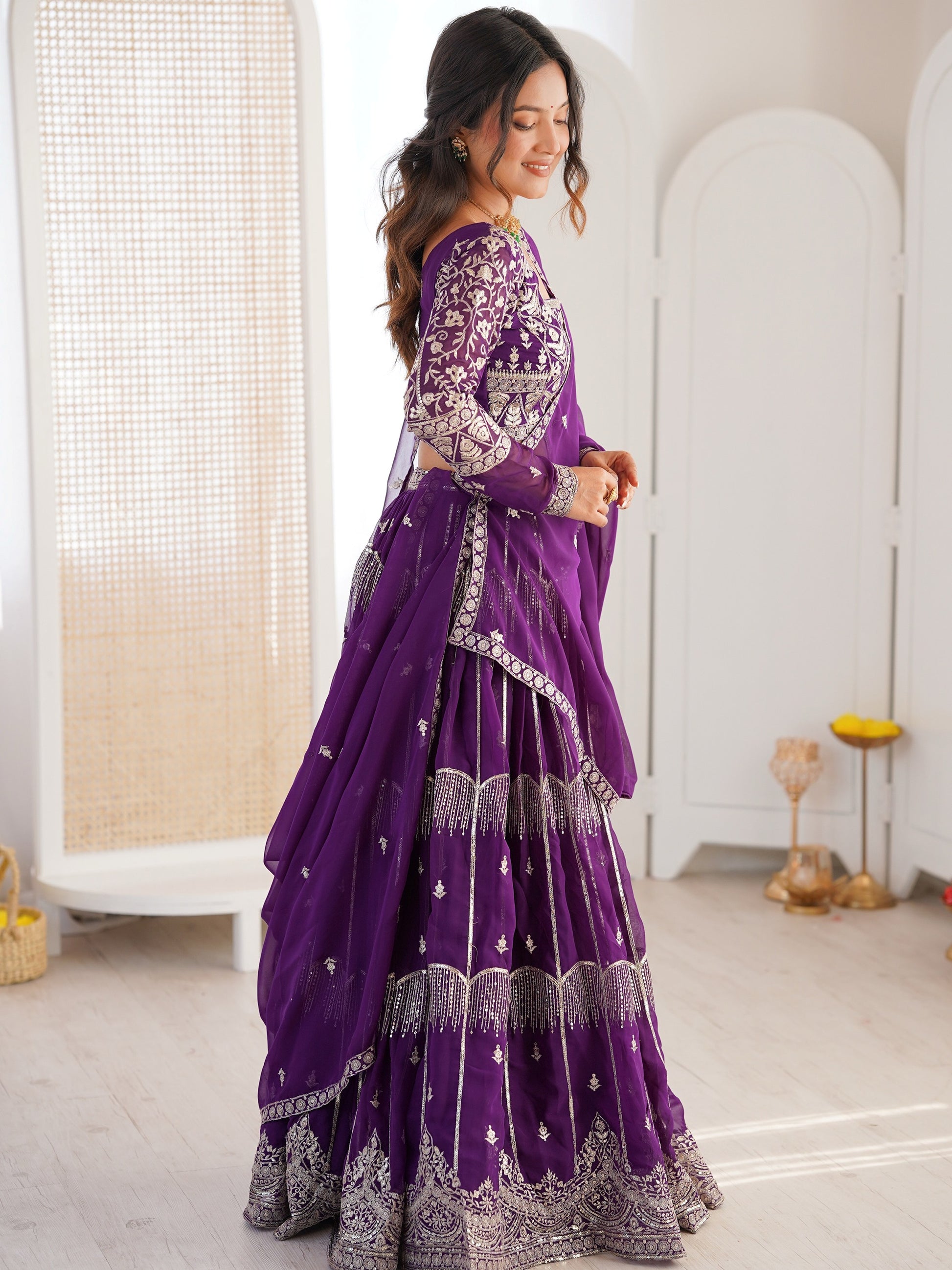 Wonderful Purple Thread Work Georgette Wedding Lehenga Choli