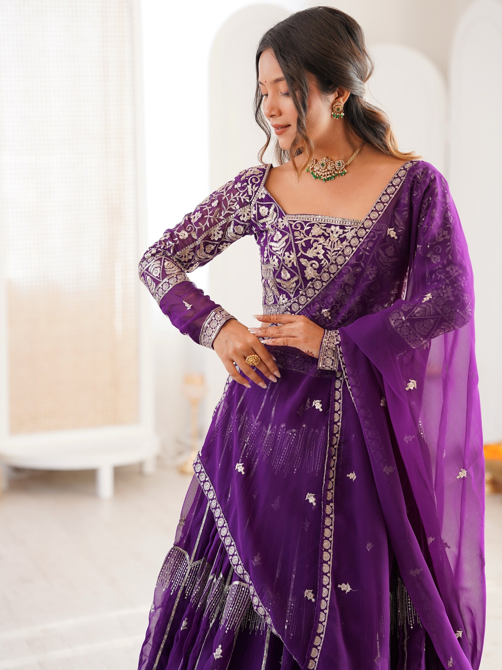 Wonderful Purple Thread Work Georgette Wedding Lehenga Choli