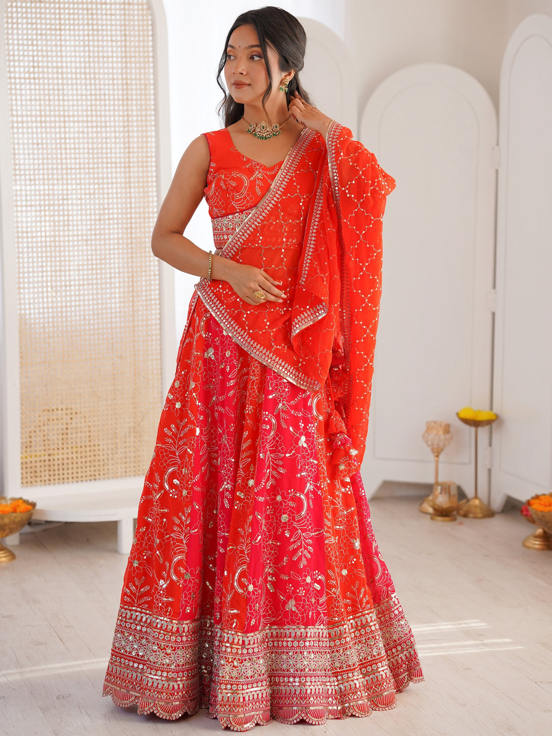 Precious Orange Thread Embroidery Georgette Wedding wear Lehenga choli With Dupatta