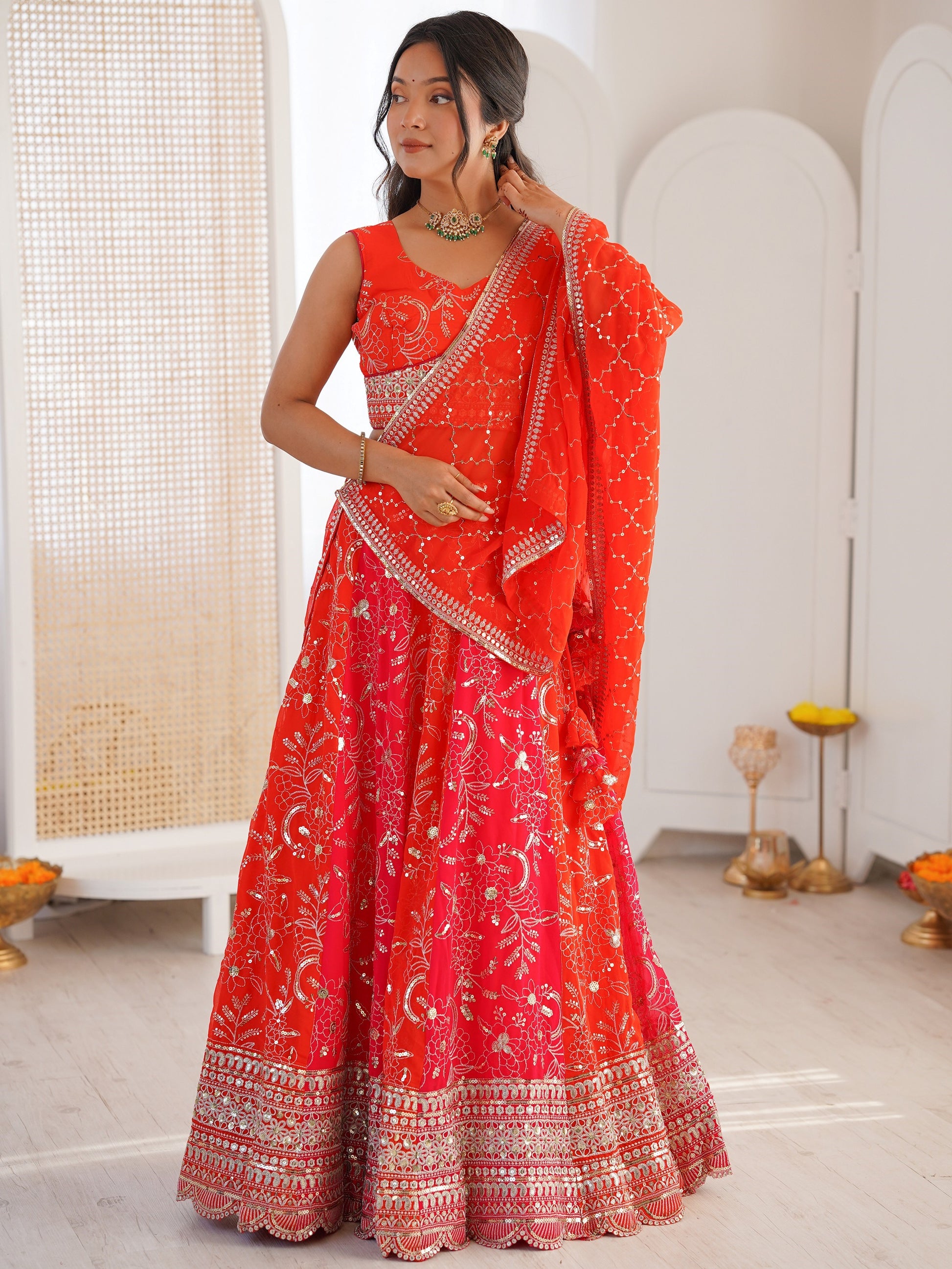 Precious Orange Thread Embroidery Georgette Wedding wear Lehenga choli With Dupatta