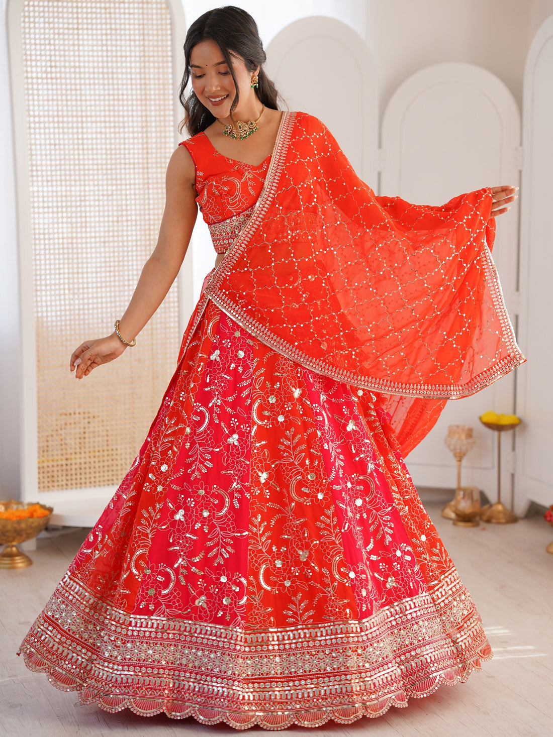 Precious Orange Thread Embroidery Georgette Wedding wear Lehenga choli With Dupatta