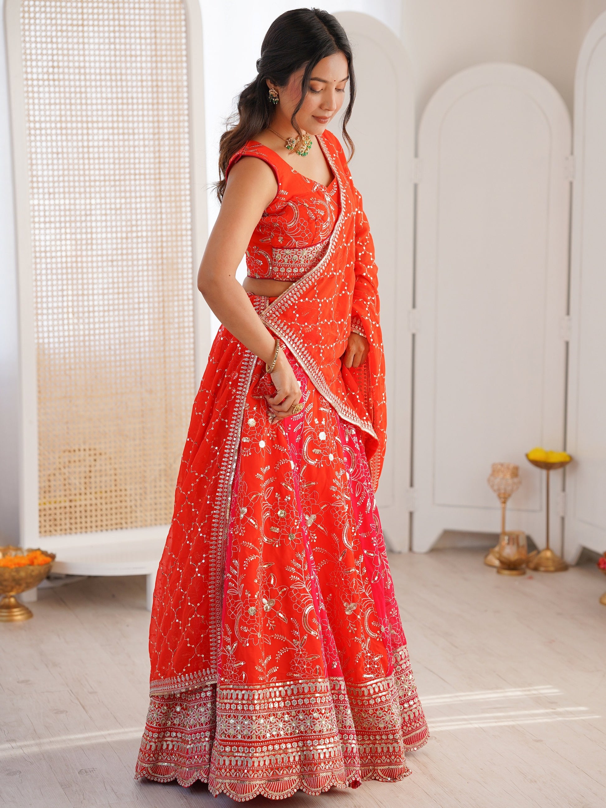 Precious Orange Thread Embroidery Georgette Wedding wear Lehenga choli With Dupatta