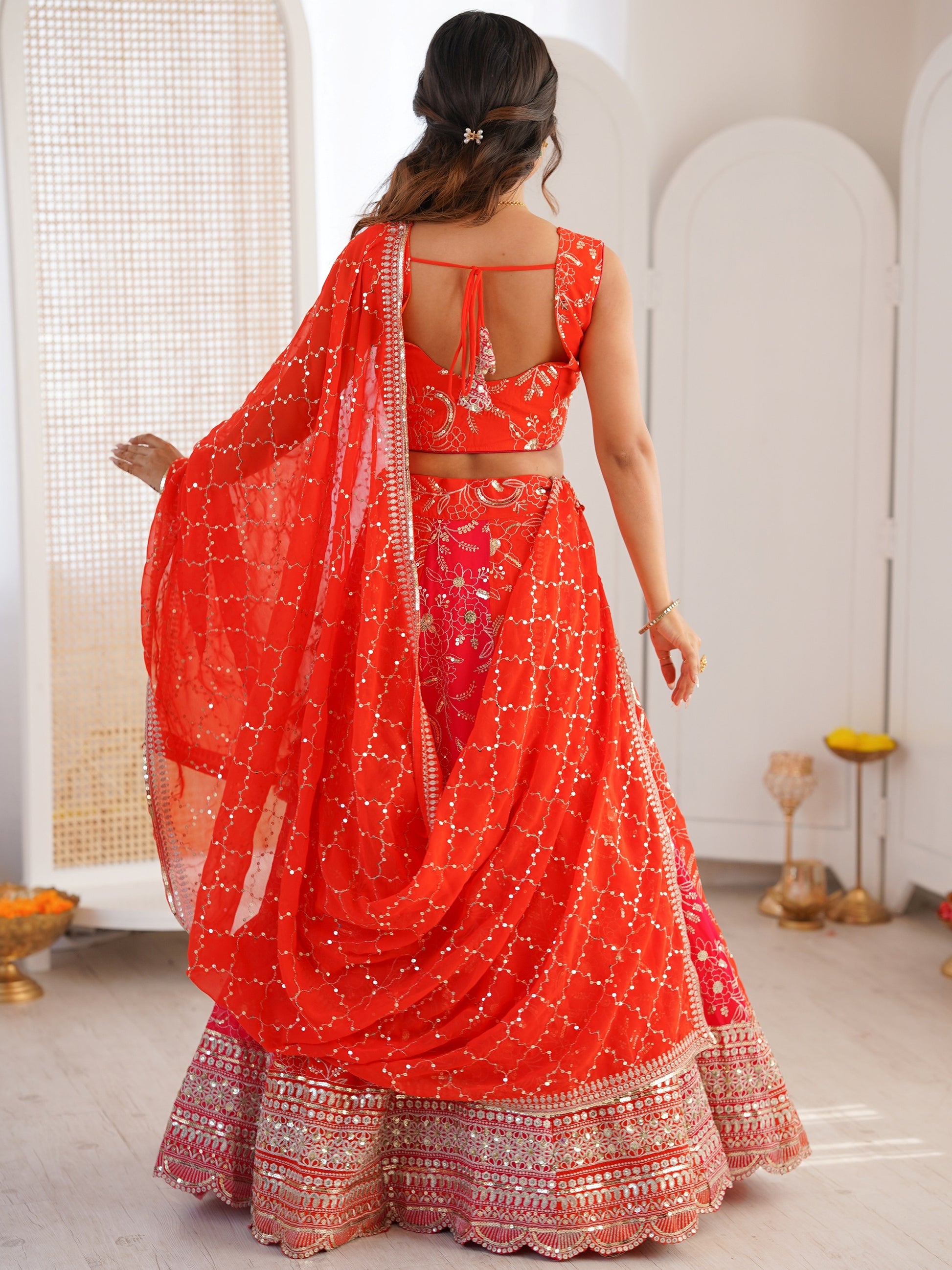 Precious Orange Thread Embroidery Georgette Wedding wear Lehenga choli With Dupatta