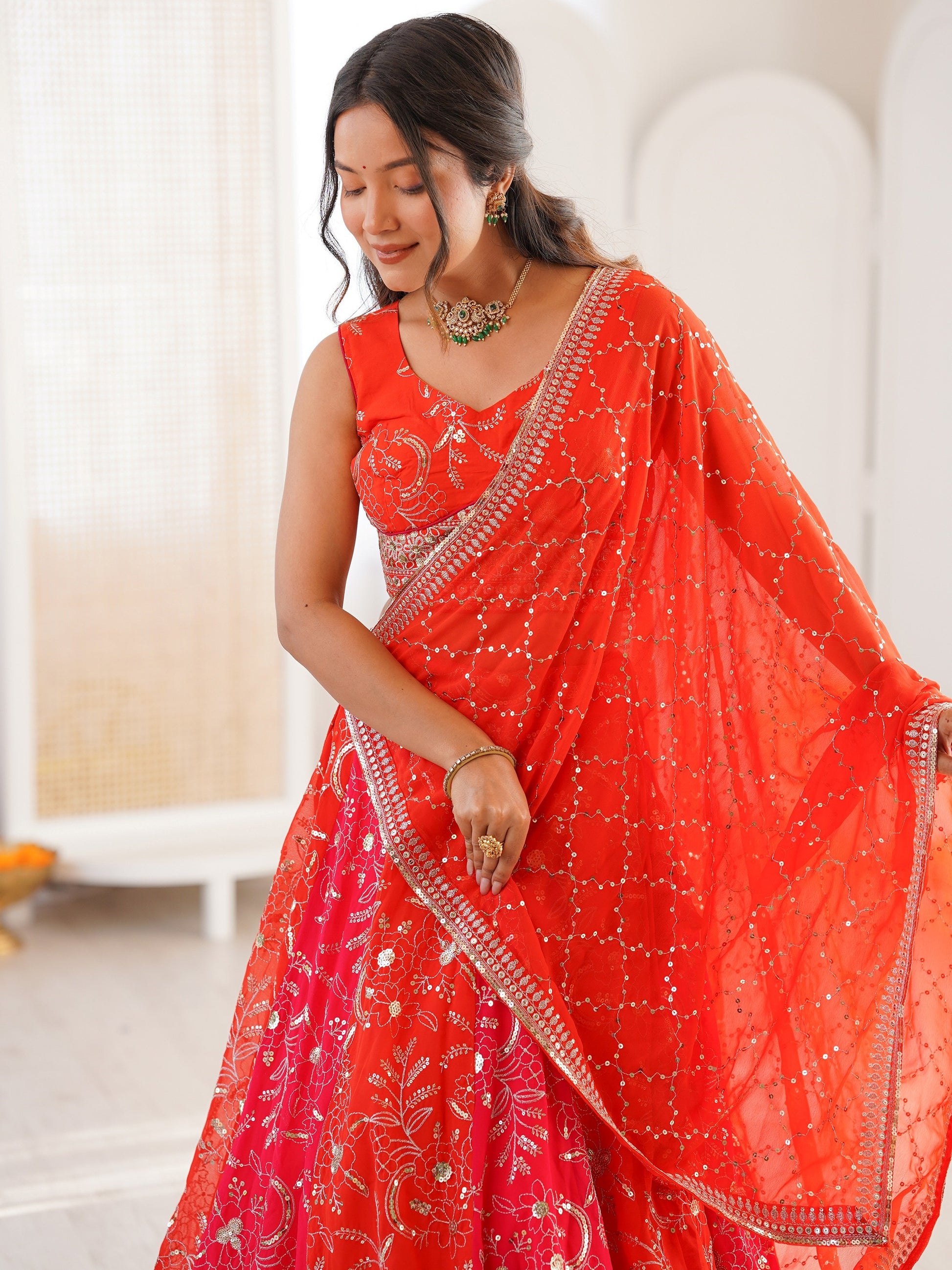 Precious Orange Thread Embroidery Georgette Wedding wear Lehenga choli With Dupatta