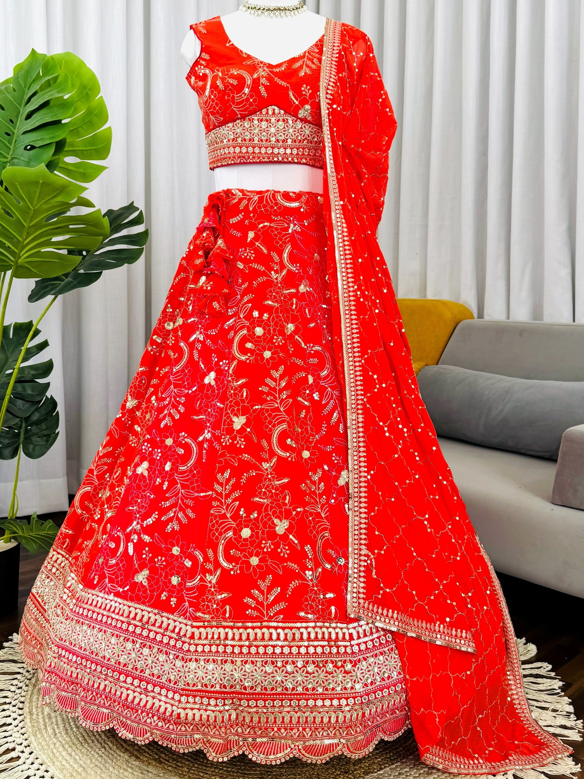 Precious Orange Thread Embroidery Georgette Wedding wear Lehenga choli With Dupatta