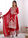 Lovely Red Sequins Vichitra Silk Wedding Wear Palazzo Suit
