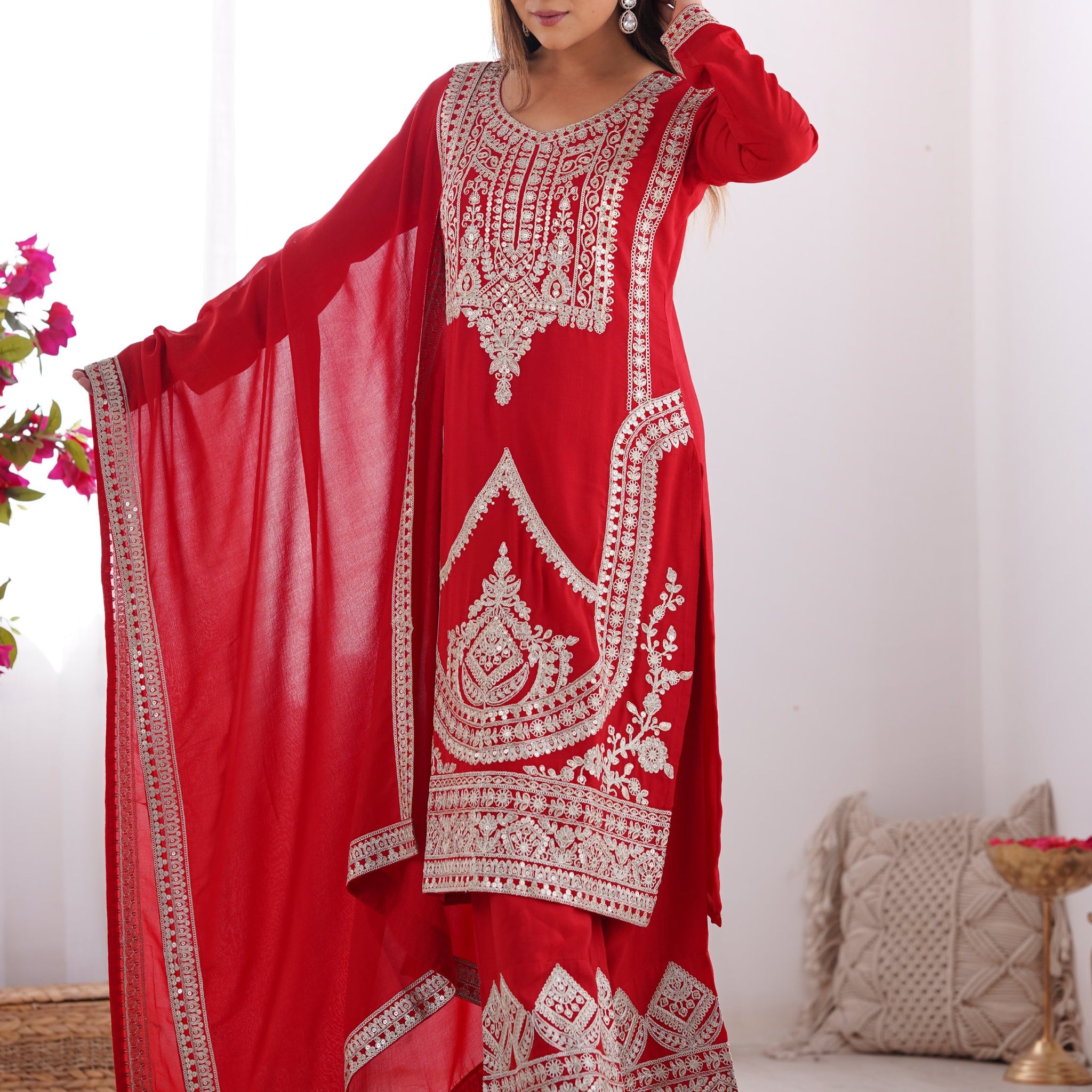 Lovely Red Sequins Vichitra Silk Wedding Wear Palazzo Suit