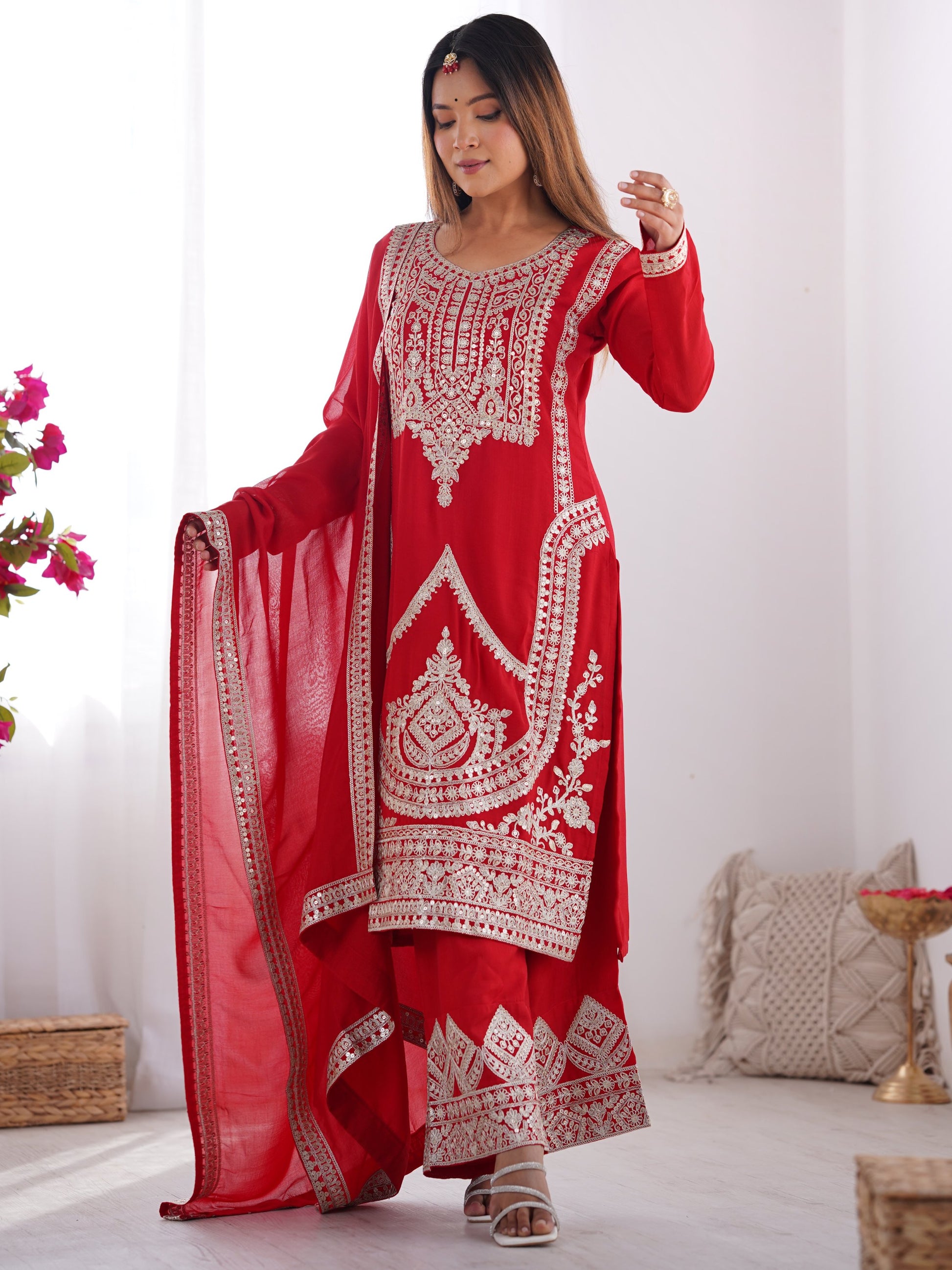 Lovely Red Sequins Vichitra Silk Wedding Wear Palazzo Suit