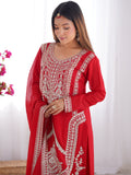 Lovely Red Sequins Vichitra Silk Wedding Wear Palazzo Suit