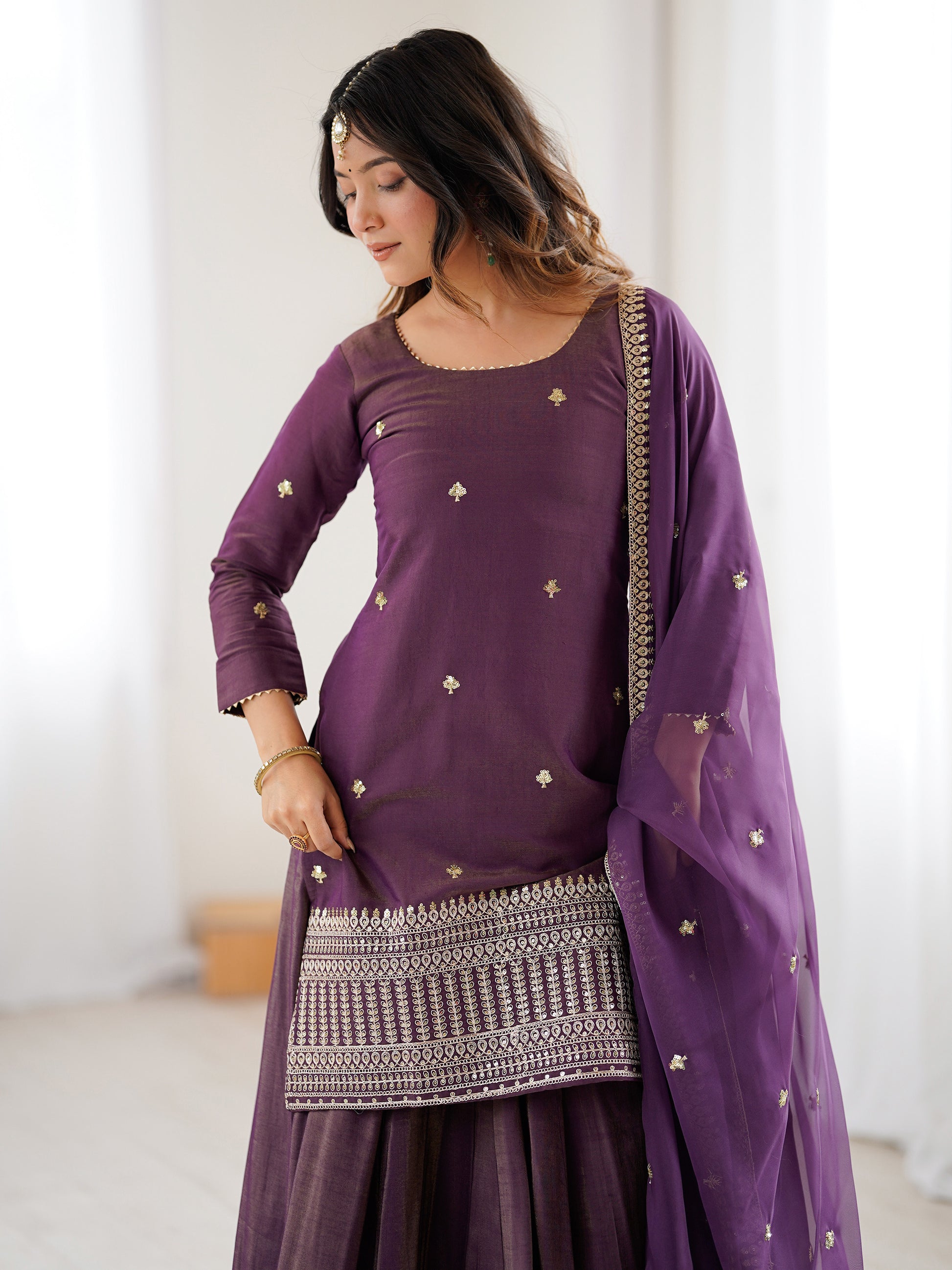 Sparkling Purple Embroidered Chinon Designer Lehenga Suit With Dupatta