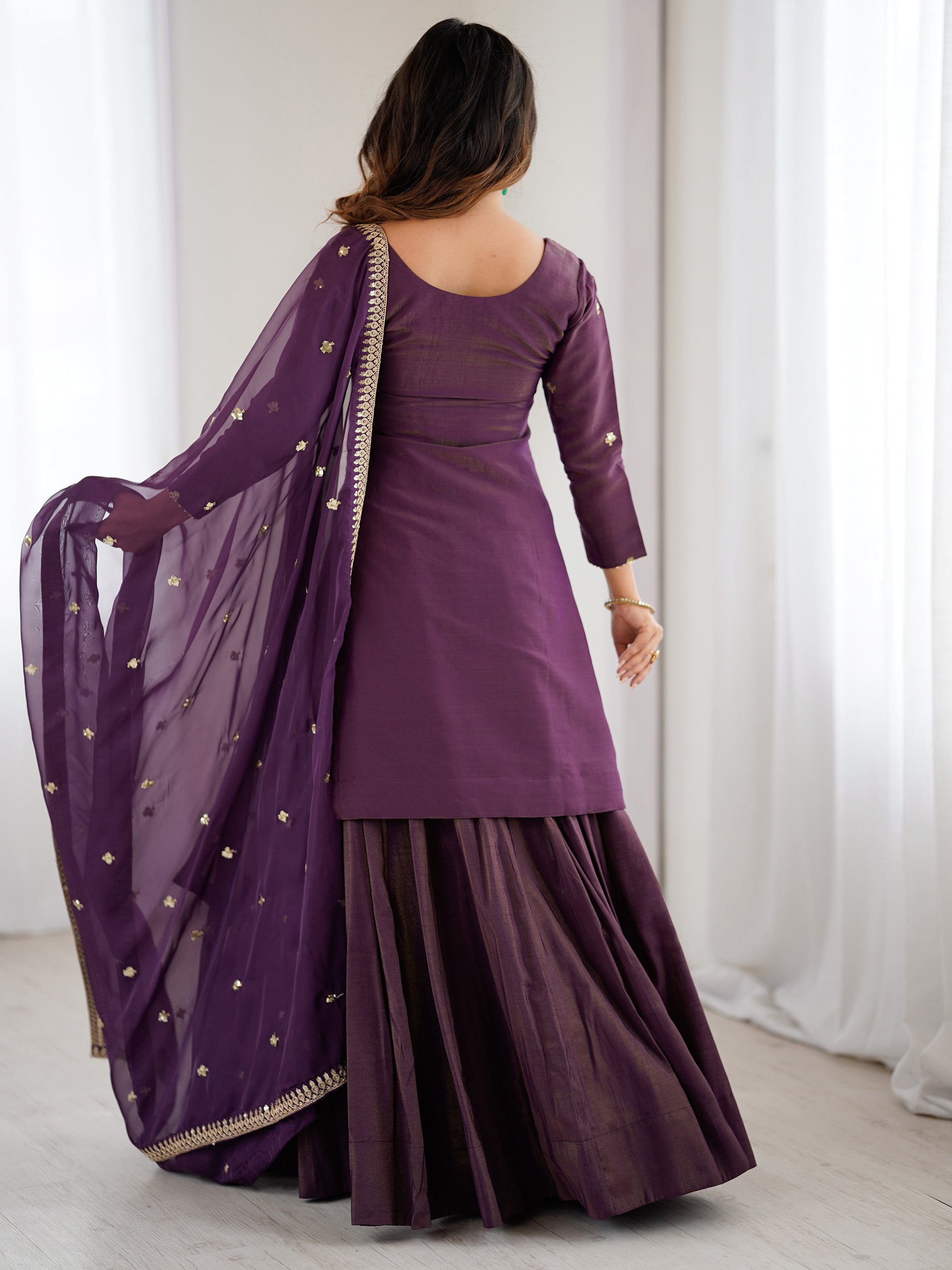 Sparkling Purple Embroidered Chinon Designer Lehenga Suit With Dupatta