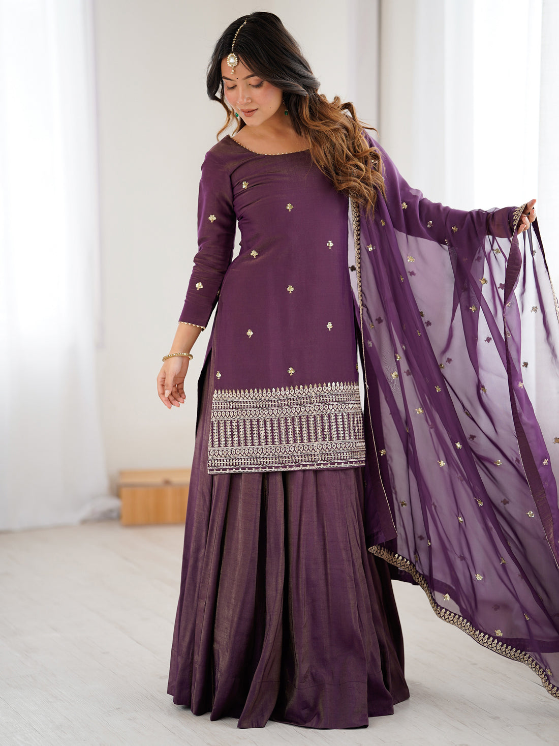 Sparkling Purple Embroidered Chinon Designer Lehenga Suit With Dupatta