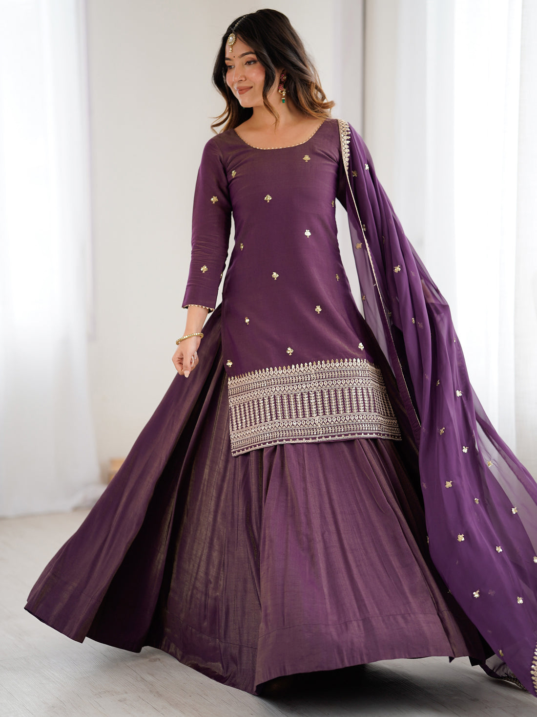 Sparkling Purple Embroidered Chinon Designer Lehenga Suit With Dupatta