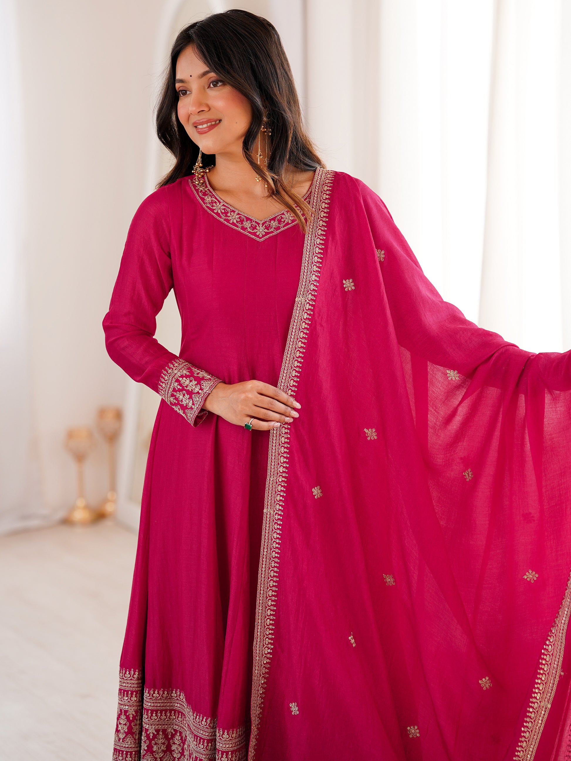 Precious Pink Dori Embroidered Silk Festival Wear Anarkali Pant Suit
