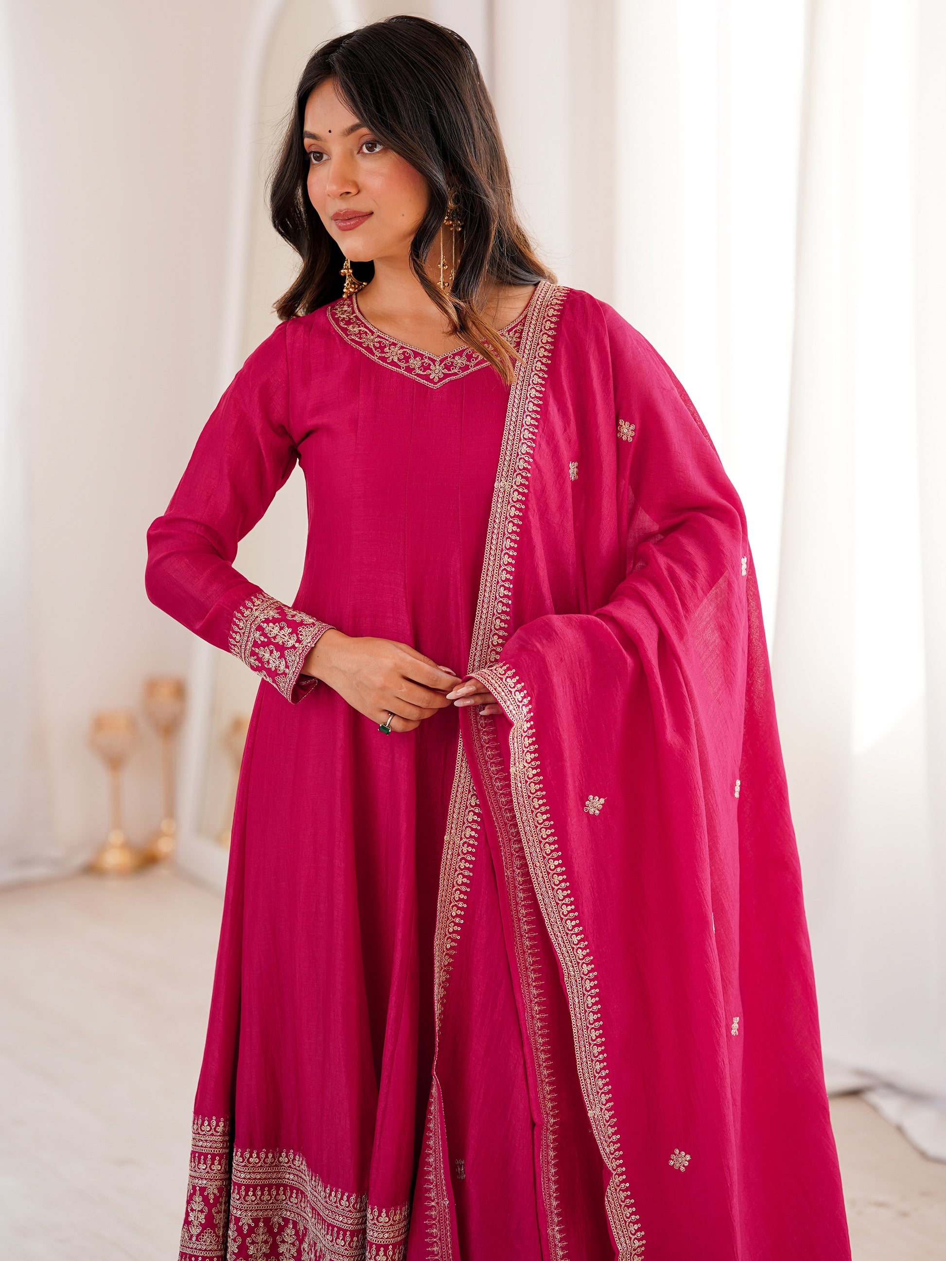 Precious Pink Dori Embroidered Silk Festival Wear Anarkali Pant Suit