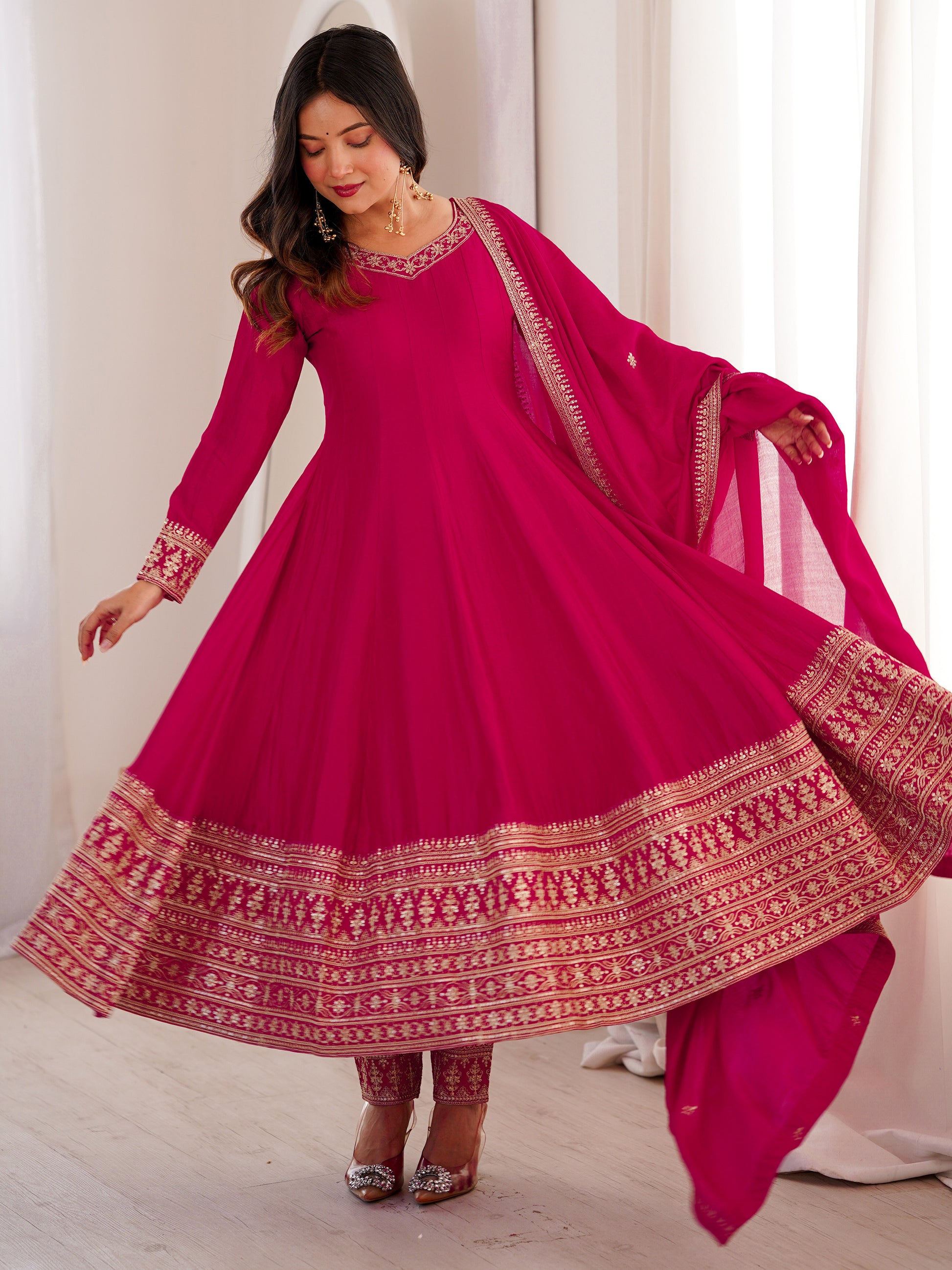 Precious Pink Dori Embroidered Silk Festival Wear Anarkali Pant Suit