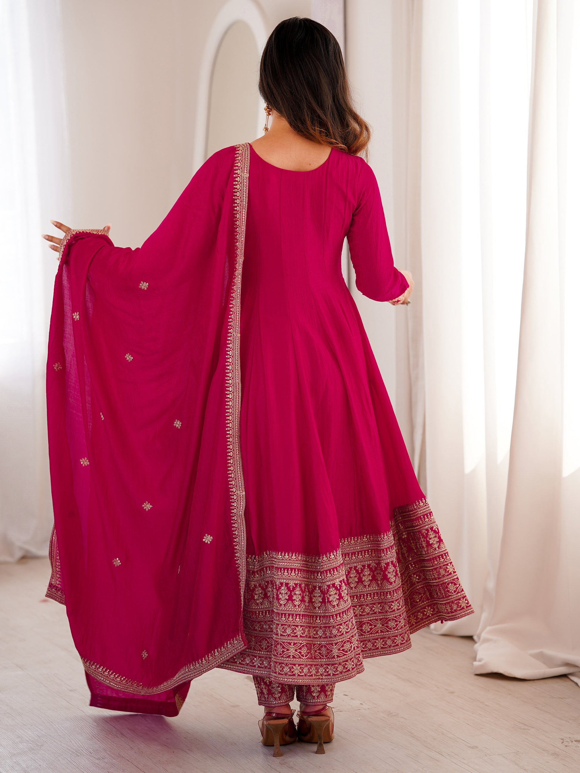 Precious Pink Dori Embroidered Silk Festival Wear Anarkali Pant Suit