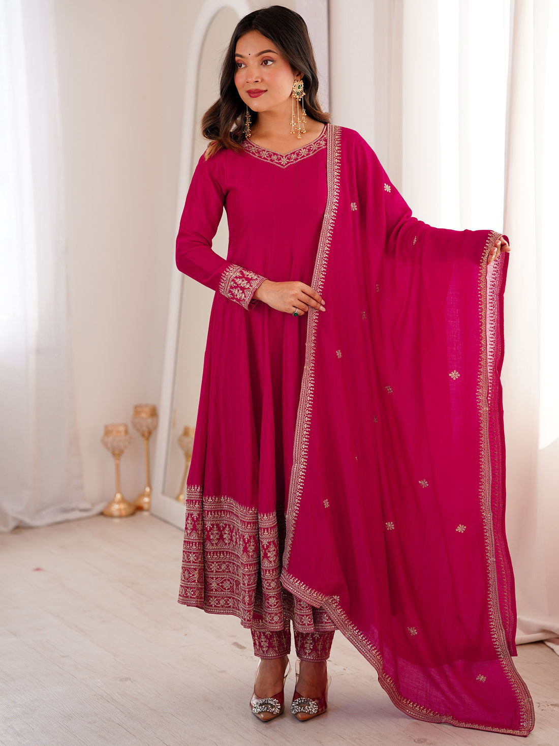 Precious Pink Dori Embroidered Silk Festival Wear Anarkali Pant Suit