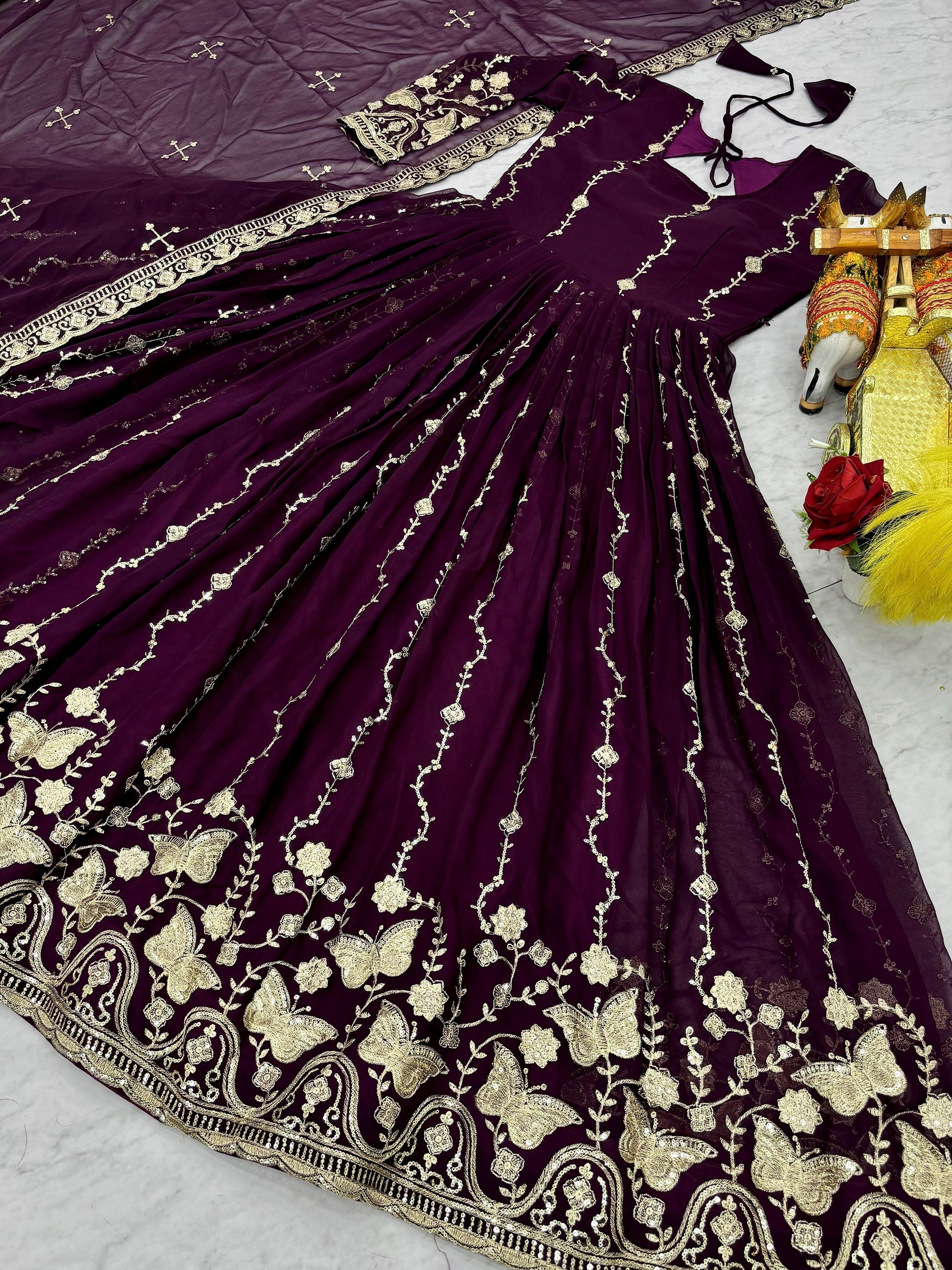 Sparkling Wine Embroidered Georgette Traditional Wear Anarkali Gown With Dupatta