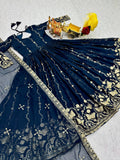 Wonderful Navy Blue Embroidered Georgette Festive Wear Anarakali Gown With Dupatta