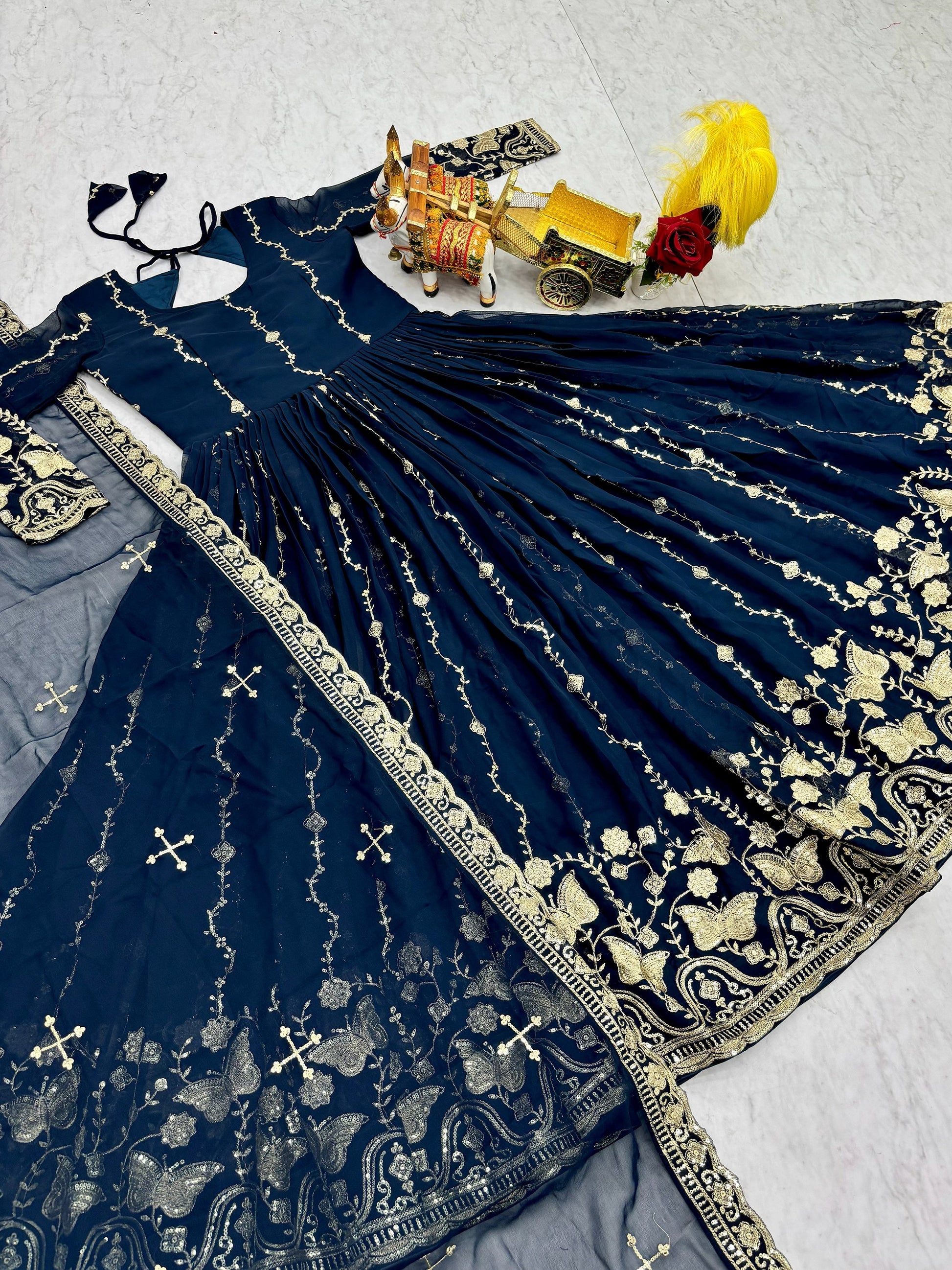 Wonderful Navy Blue Embroidered Georgette Festive Wear Anarakali Gown With Dupatta
