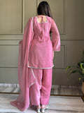 Pretty Pink Lace Work Silk Festival Wear Salwar Suit With Dupatta