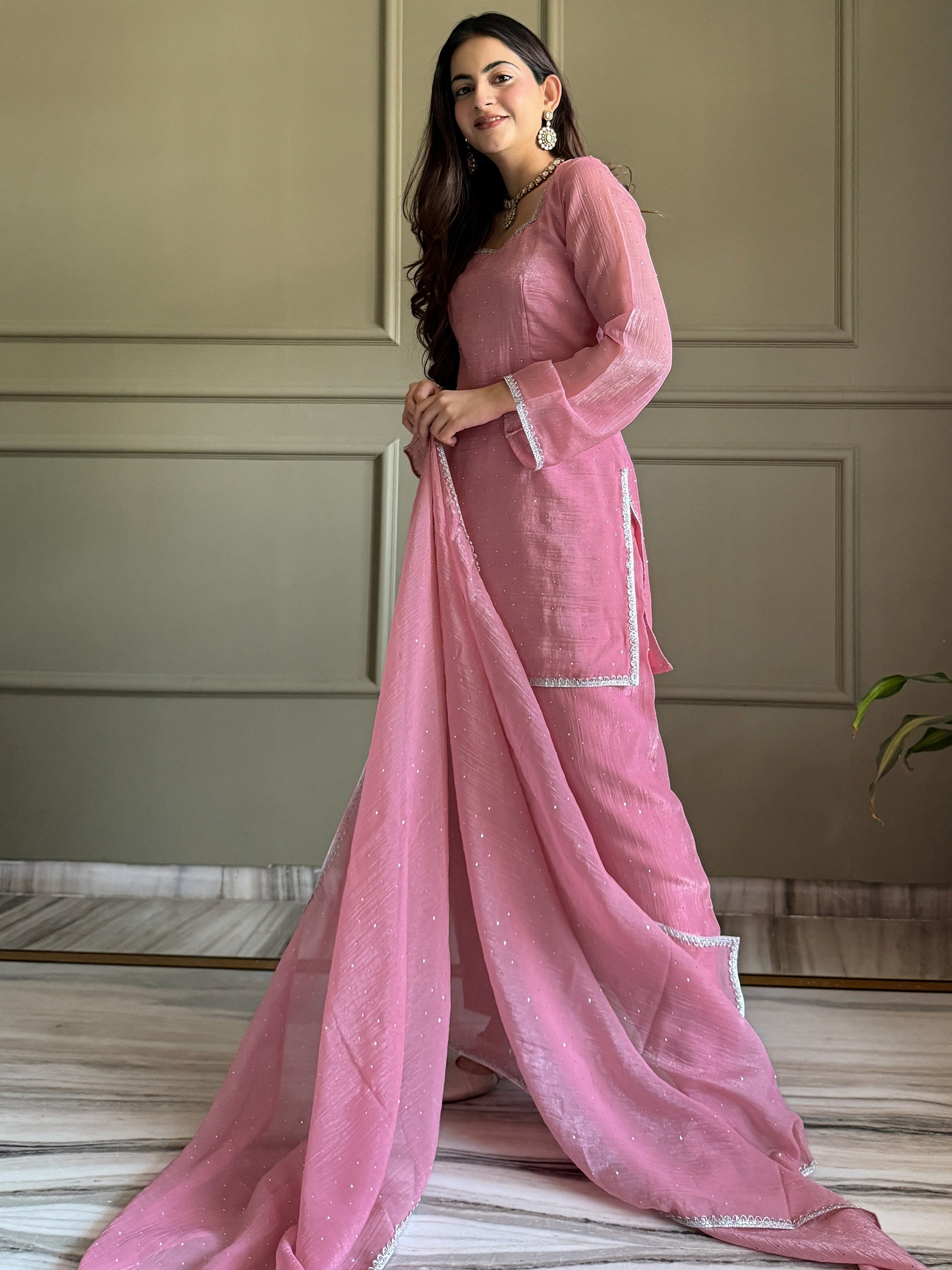 Pretty Pink Lace Work Silk Festival Wear Salwar Suit With Dupatta