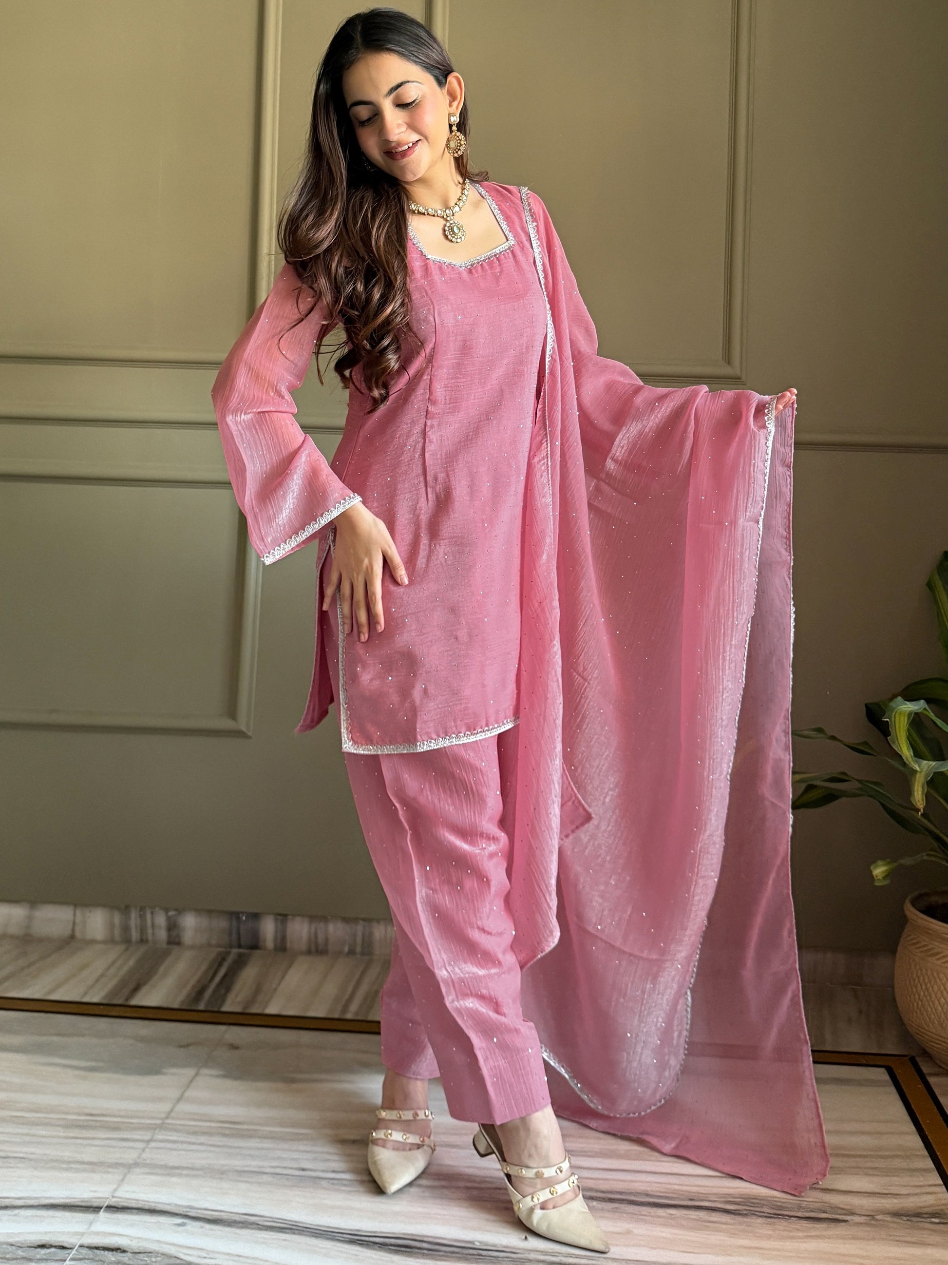 Pretty Pink Lace Work Silk Festival Wear Salwar Suit With Dupatta