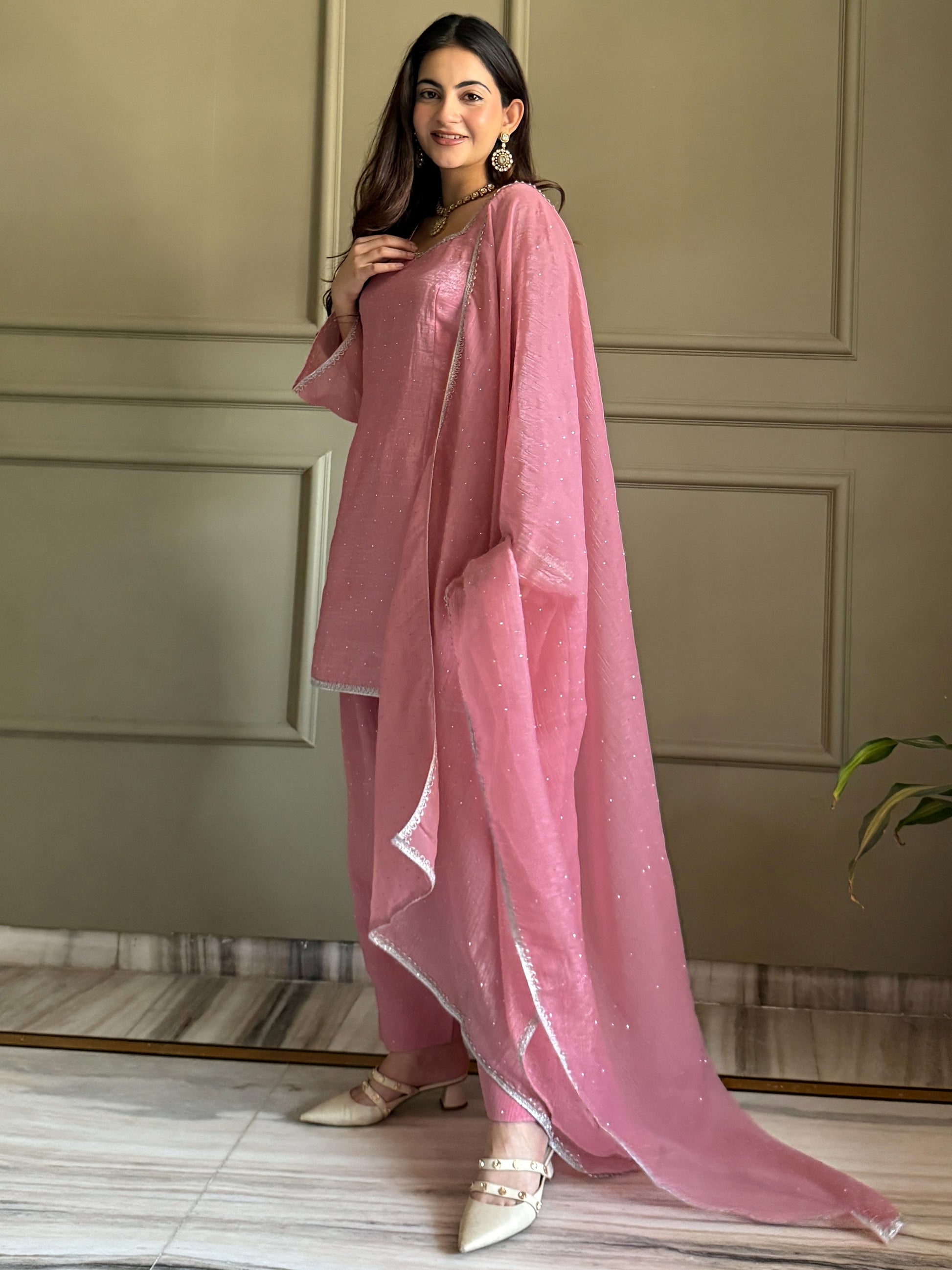 Pretty Pink Lace Work Silk Festival Wear Salwar Suit With Dupatta