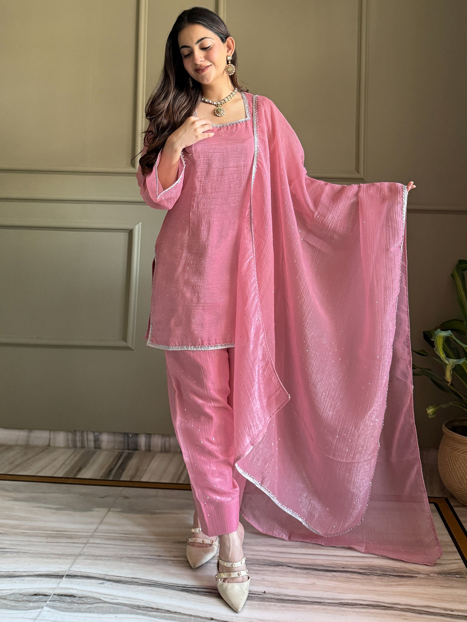 Pretty Pink Lace Work Silk Festival Wear Salwar Suit With Dupatta